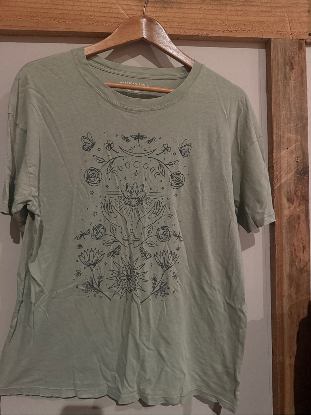 American Eagle Outfitters Sage Green Tee with Black Botanical Graphic